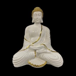 White & Gold Meditating Buddha Idol – Ceramic Finish Spiritual Showpiece