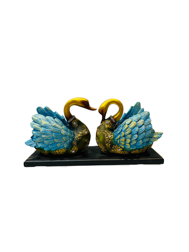 Blue & Gold Swan Couple Showpiece –Romantic Home Decor with Wooden Base